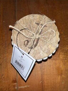 Mary Square Wooden Scalloped Coaster Set with Twine Tie - Natural Wood -set of 4